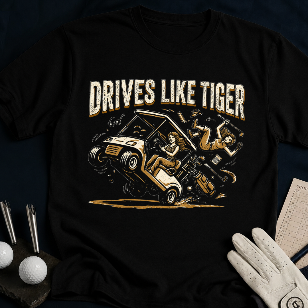 Drives Like A Tiger – funny women's golf t-shirt in Black | Bad Lies Club
