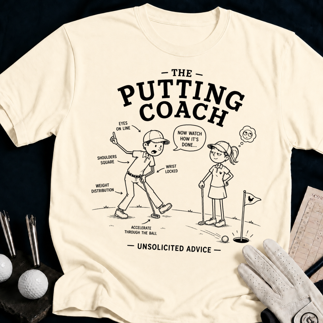 The Putting Coach – funny golf t-shirt in Natural | Bad Lies Club