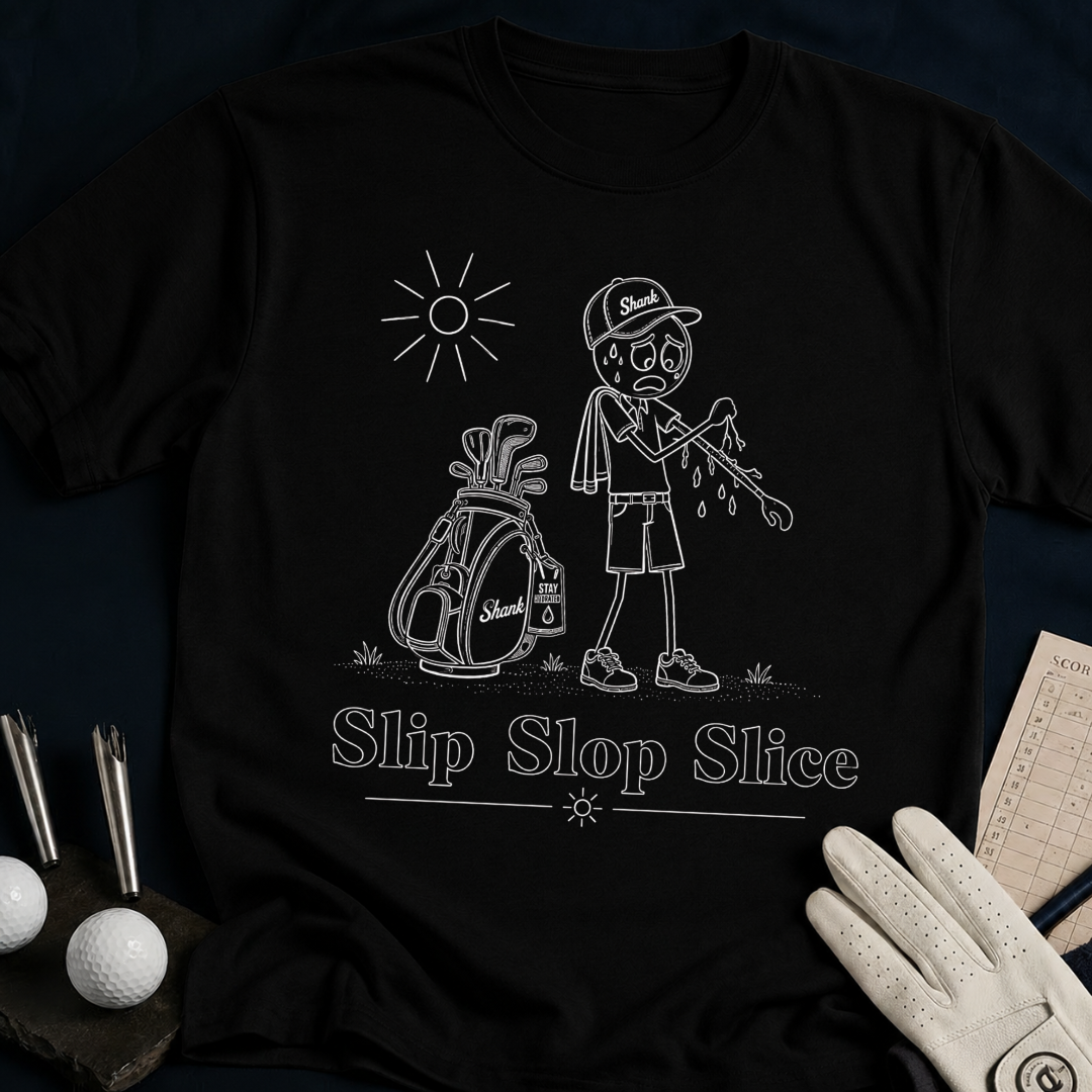 Slip Slop Slice – funny golf t-shirt in Black | Bad Lies Club