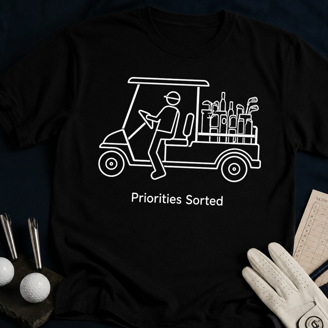 Priorities Sorted – funny golf t-shirt in Black | Bad Lies Club