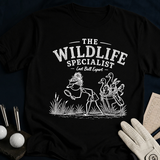The Wildlife Specialist – funny women's golf t-shirt in Black | Bad Lies Club
