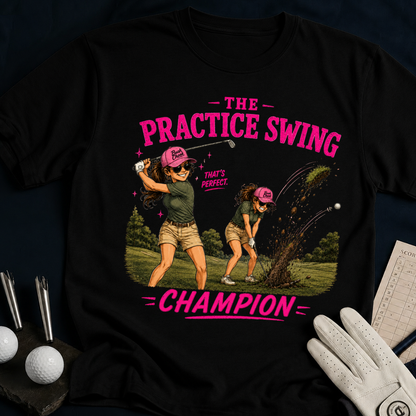 The Practice Swing Champion – funny women's golf t-shirt in Black | Bad Lies Club