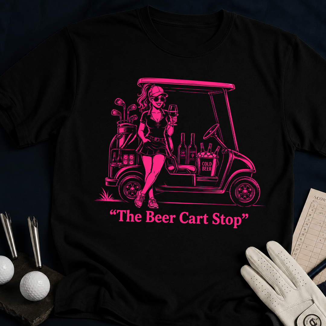 The Beer Cart Stop – funny women's golf t-shirt in Black | Bad Lies Club