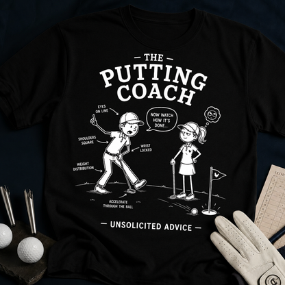 The Putting Coach – funny golf t-shirt in Black | Bad Lies Club