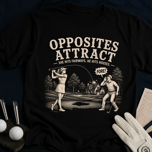 Opposites Attract – funny golf t-shirt in Black | Bad Lies Club