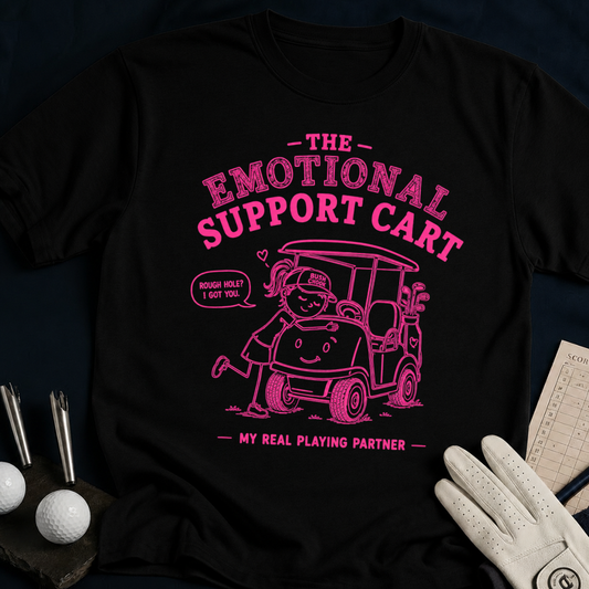 The Emotional Support Cart – funny women's golf t-shirt in Black | Bad Lies Club