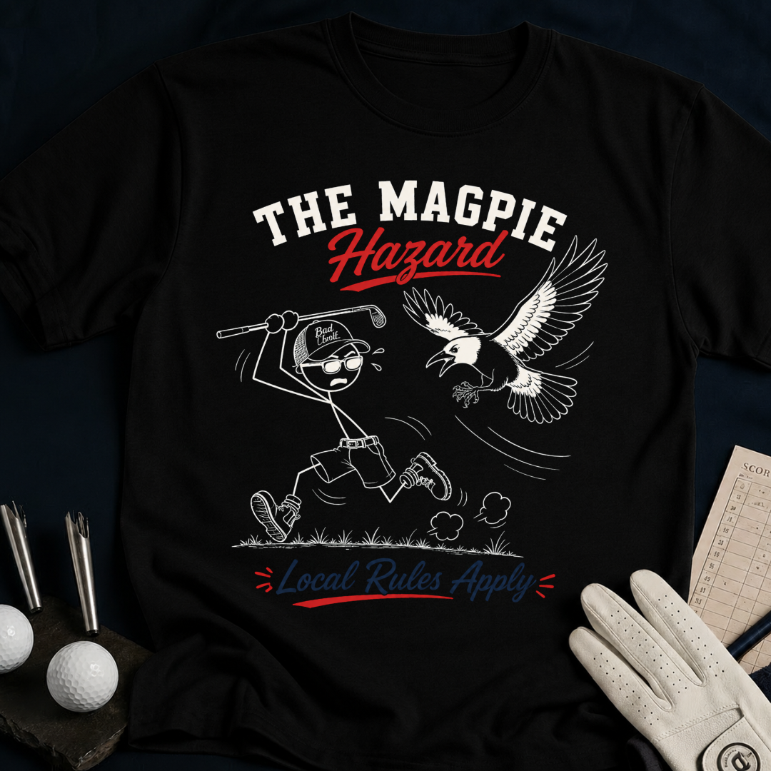 The Magpie Hazard – funny golf t-shirt in Black | Bad Lies Club