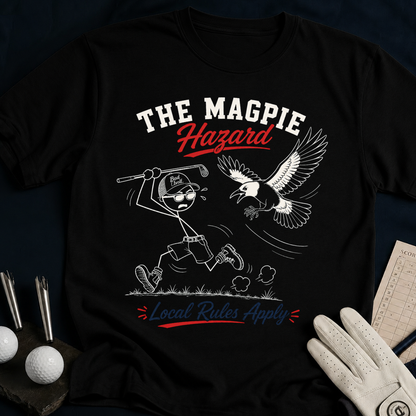 The Magpie Hazard – funny golf t-shirt in Black | Bad Lies Club
