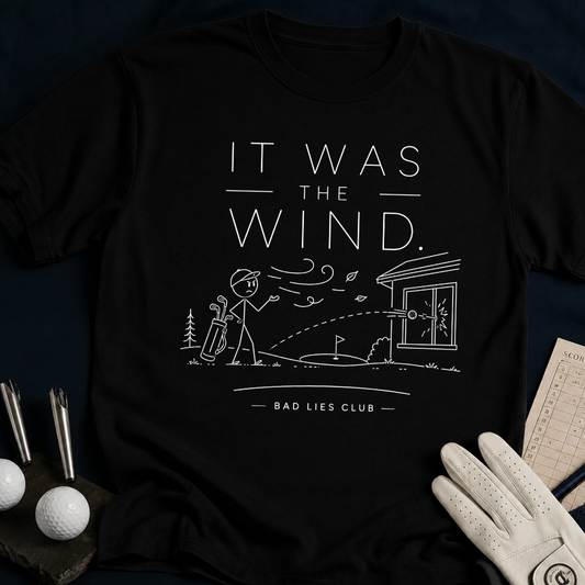 It Was The Wind – funny golf t-shirt in Black | Bad Lies Club