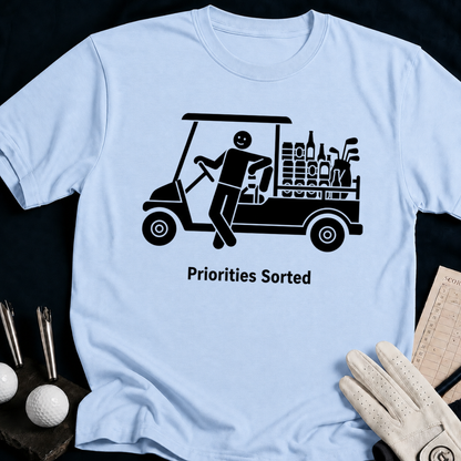 Priorities Sorted – funny golf t-shirt in Light Blue | Bad Lies Club