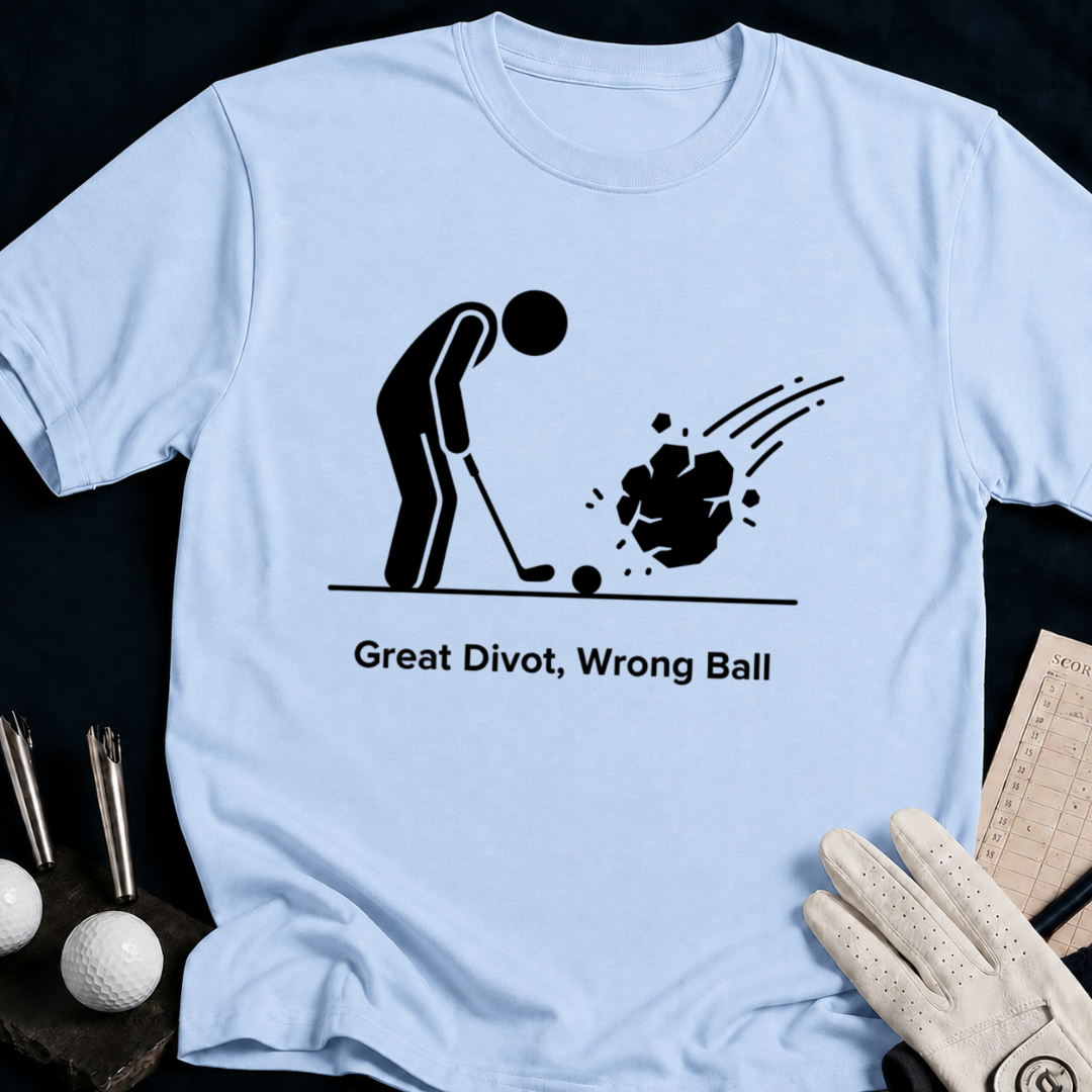 Great Divot, Wrong Ball – funny golf t-shirt in Light Blue | Bad Lies Club