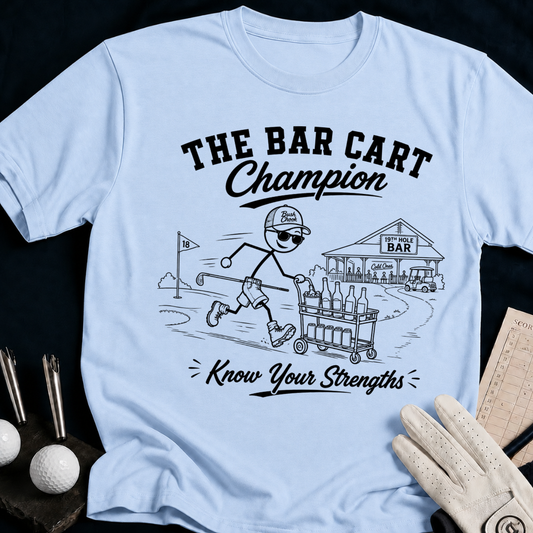 Bar Cart Champion – funny golf t-shirt in Light Blue | Bad Lies Club
