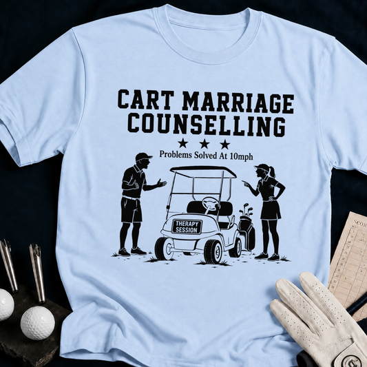 Cart Marriage Counselling – funny golf t-shirt in Light Blue | Bad Lies Club