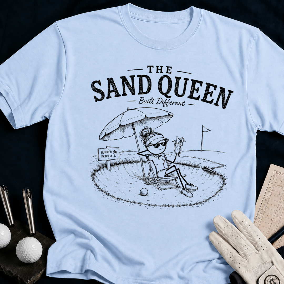 The Sand Queen – funny women's golf t-shirt in Light Blue | Bad Lies Club
