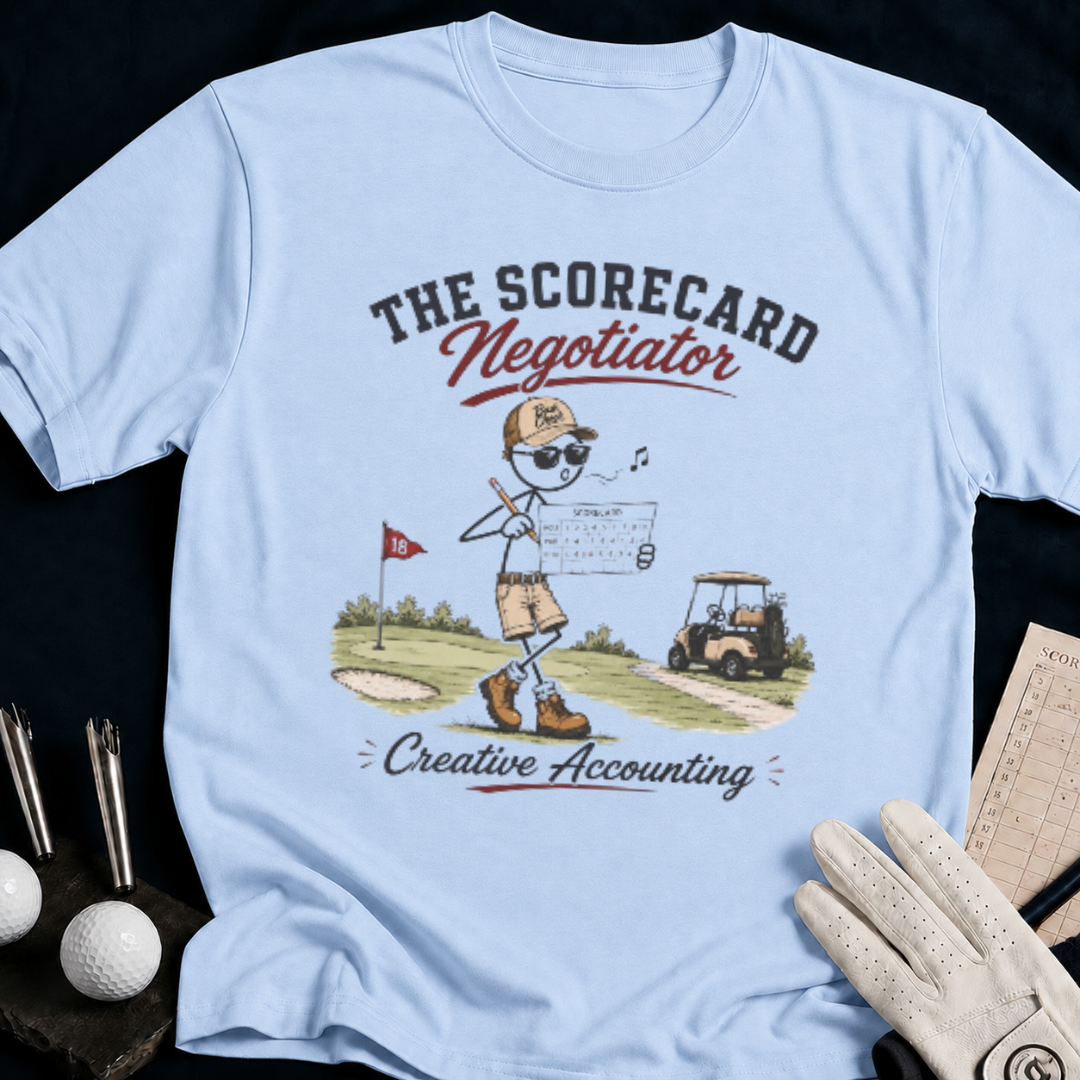 Golf Scorecard Negotiator – funny golf t-shirt in Light Blue | Bad Lies Club