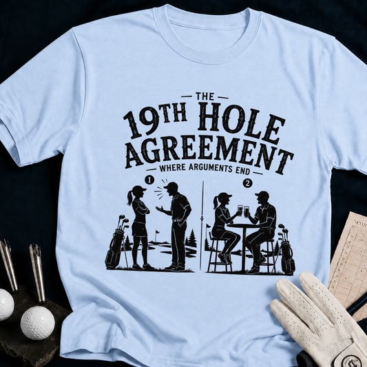 19th Hole Agreement – funny golf t-shirt in Light Blue | Bad Lies Club
