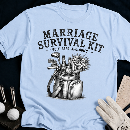 Marriage Survival Kit – funny golf t-shirt in Light Blue | Bad Lies Club