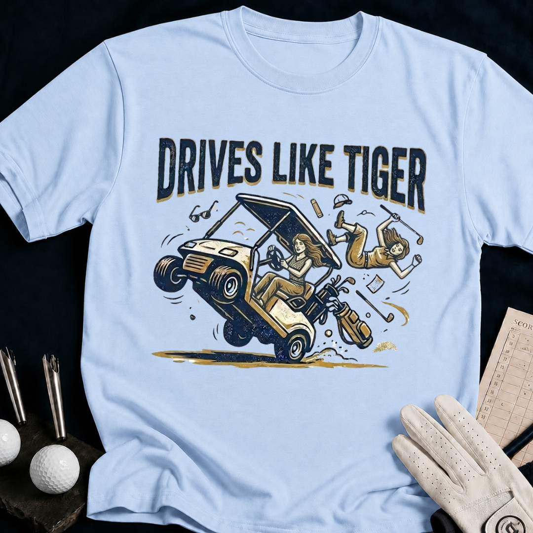Drives Like A Tiger – funny women's golf t-shirt in Light Blue | Bad Lies Club