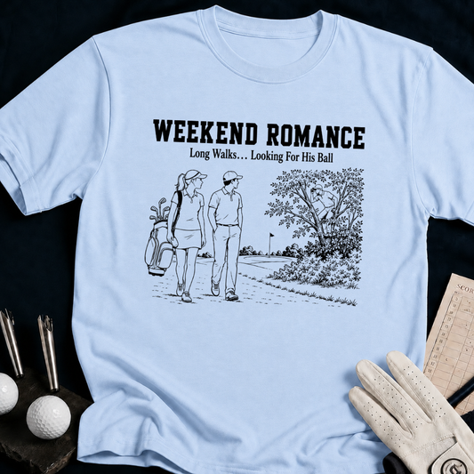 Weekend Romance Long Walks – funny golf t-shirt in Light Blue | Bad Lies Club