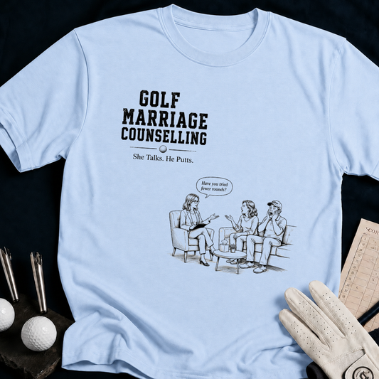Golf Marriage Counselling – funny golf t-shirt in Light Blue | Bad Lies Club