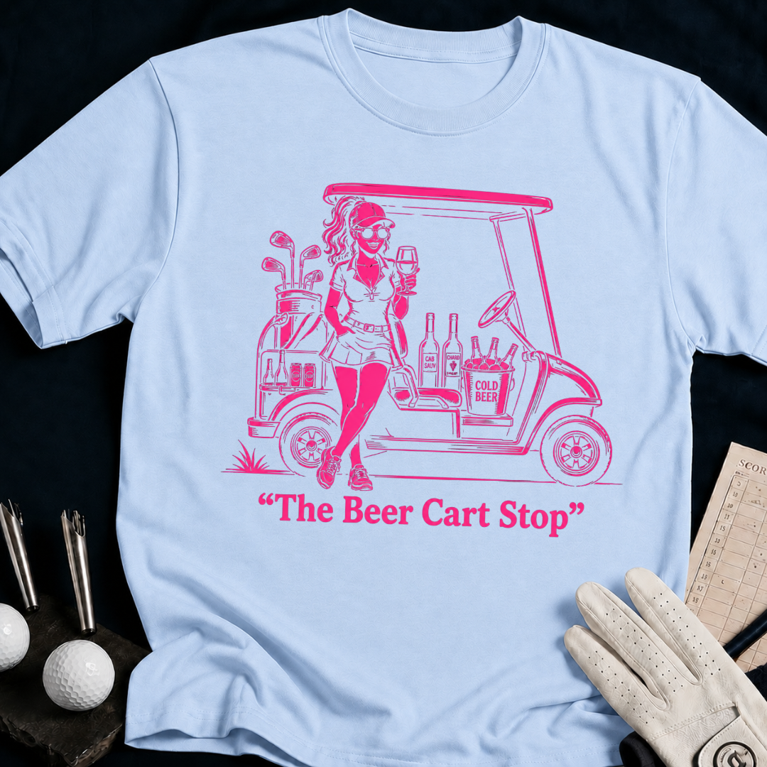 The Beer Cart Stop – funny women's golf t-shirt in Light Blue | Bad Lies Club