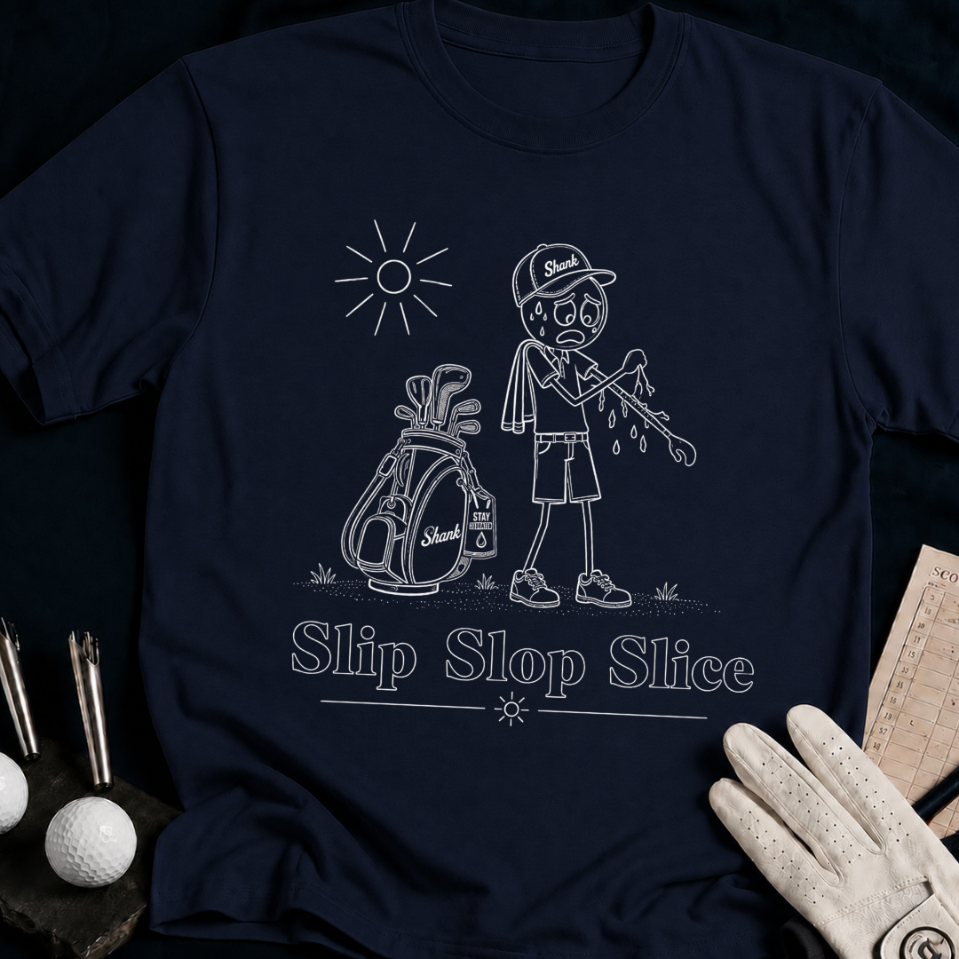 Slip Slop Slice – funny golf t-shirt in Navy | Bad Lies Club