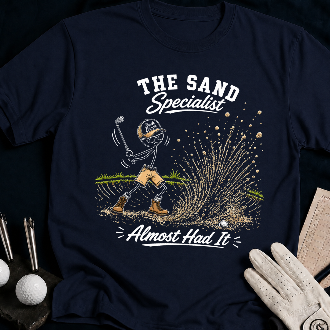 The Sand Specialist – funny golf t-shirt in Navy | Bad Lies Club