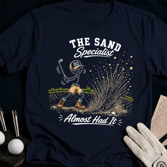 The Sand Specialist – funny golf t-shirt in Navy | Bad Lies Club