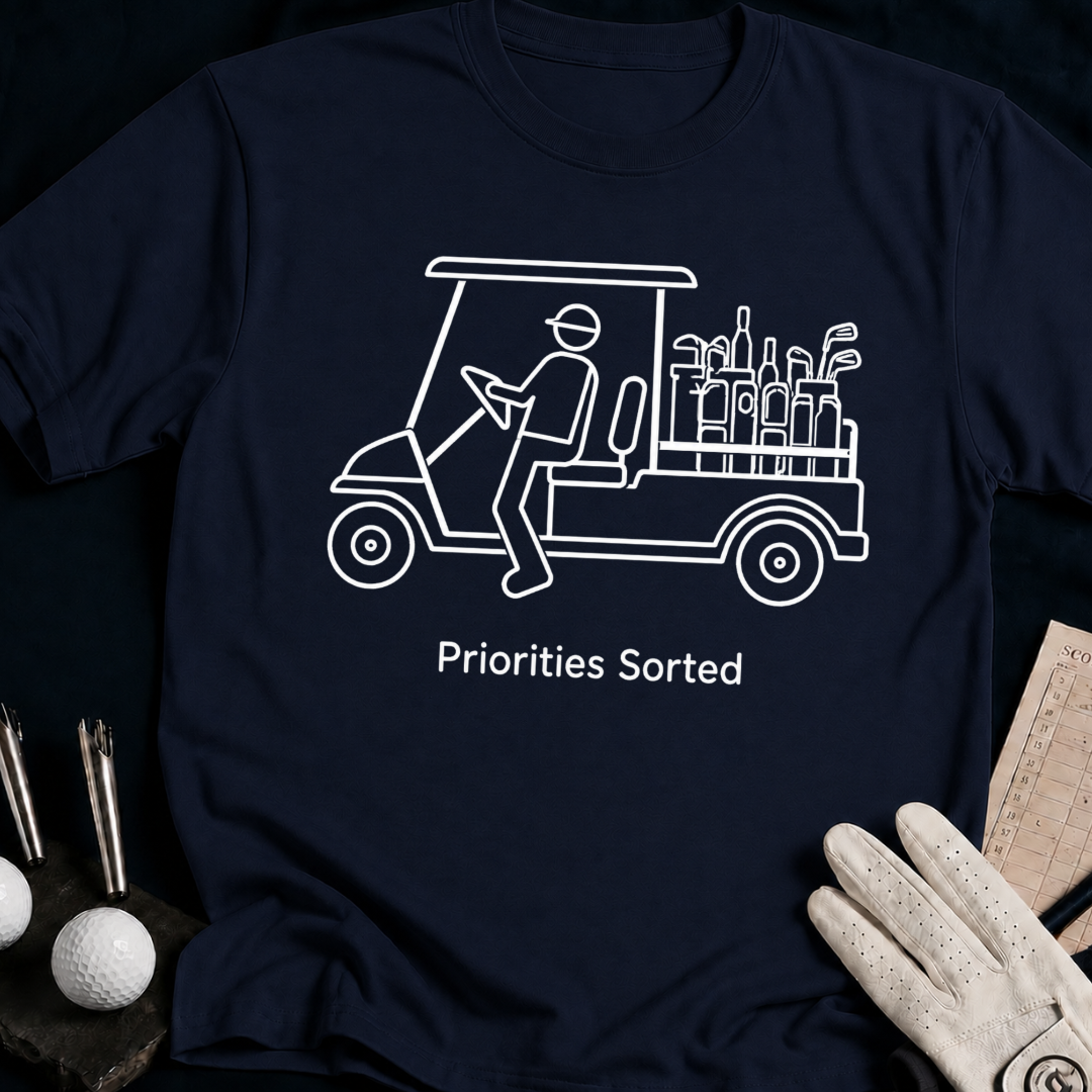 Priorities Sorted – funny golf t-shirt in Navy | Bad Lies Club