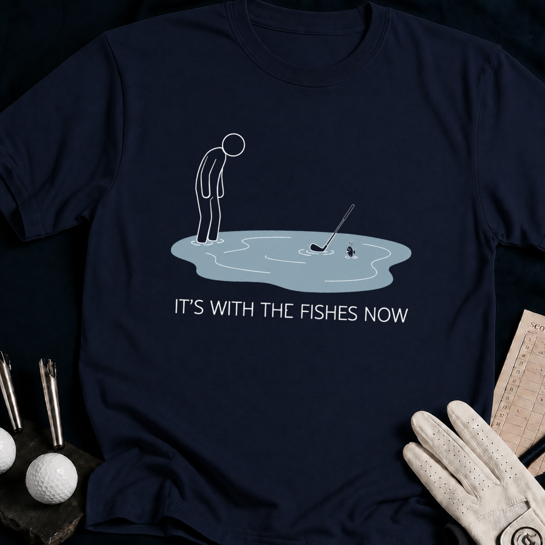 I’m With The Fishies Now – funny golf t-shirt in Navy | Bad Lies Club