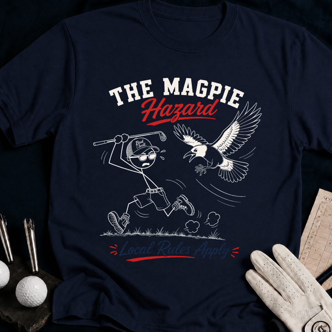 The Magpie Hazard – funny golf t-shirt in Navy | Bad Lies Club