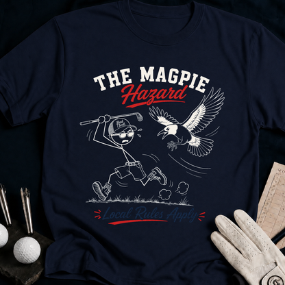 The Magpie Hazard – funny golf t-shirt in Navy | Bad Lies Club