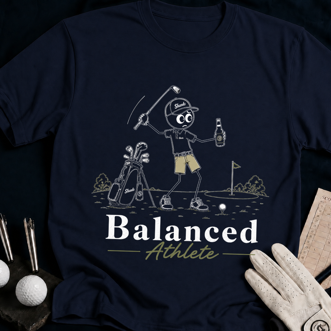 Balanced Athlete – funny golf t-shirt in Navy | Bad Lies Club