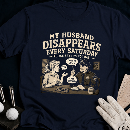 My Husband Disappears Every Saturday – funny golf t-shirt in Navy | Bad Lies Club