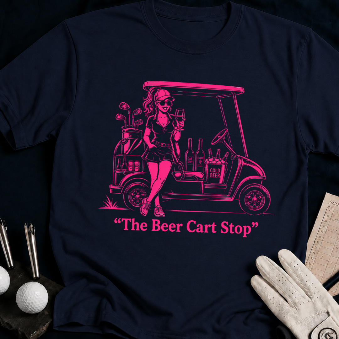 The Beer Cart Stop – funny women's golf t-shirt in Navy | Bad Lies Club
