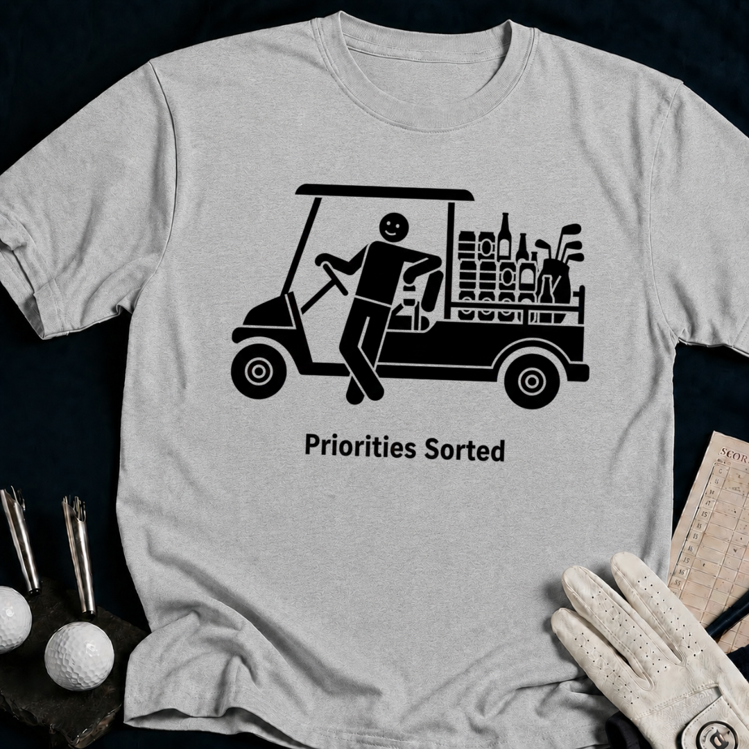 Priorities Sorted – funny golf t-shirt in Sport Grey | Bad Lies Club
