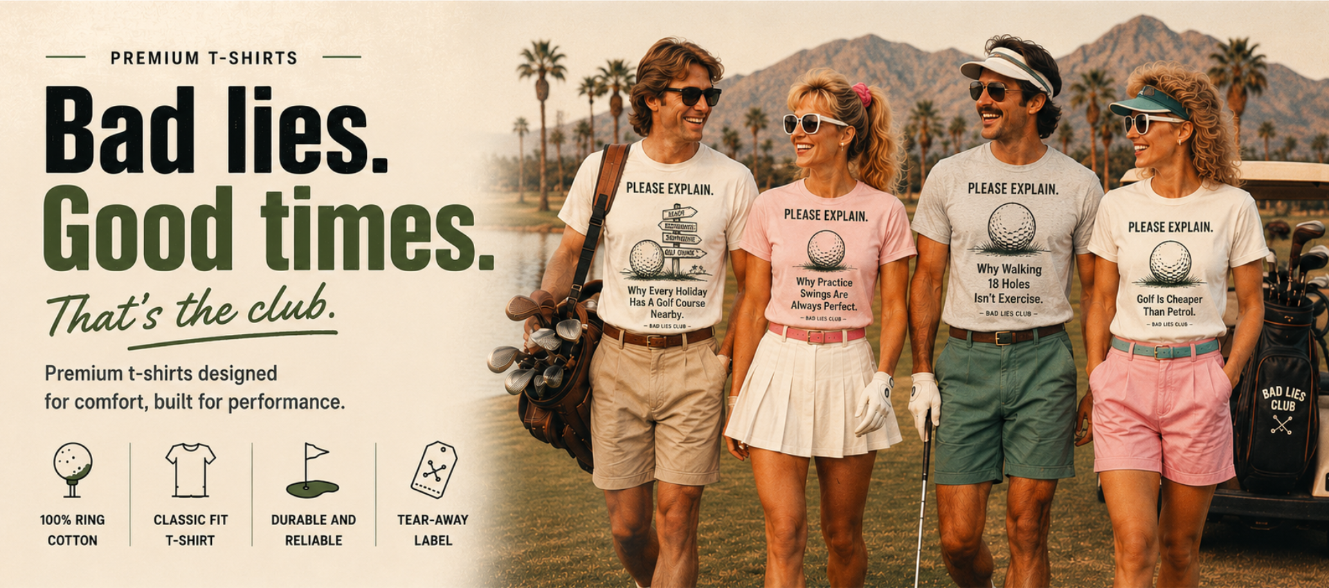 Four golfers on the course wearing funny golf t-shirts from Bad Lies Club – bad lies, good times, that's the club.