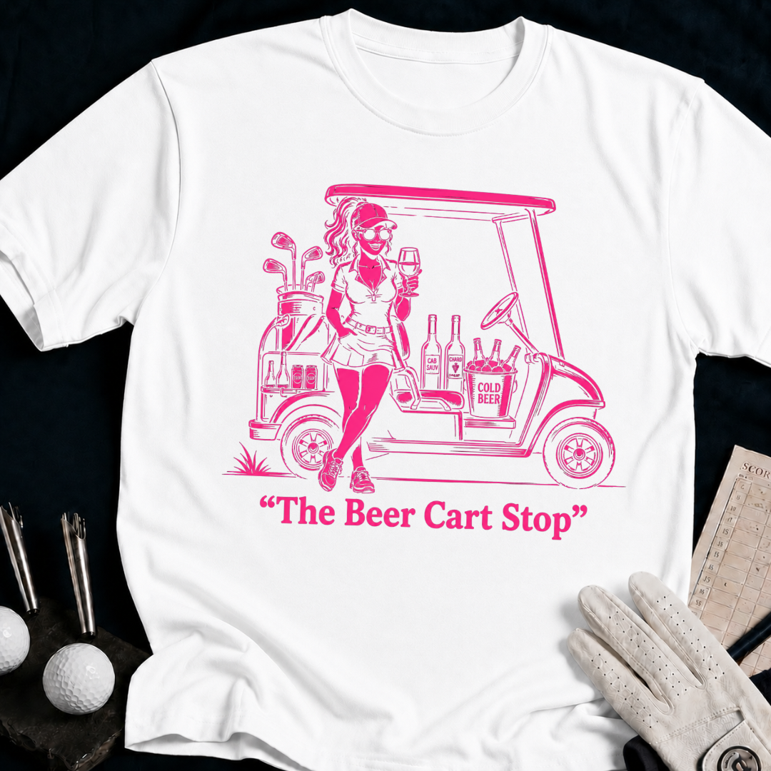 The Beer Cart Stop – funny women's golf t-shirt in White | Bad Lies Club