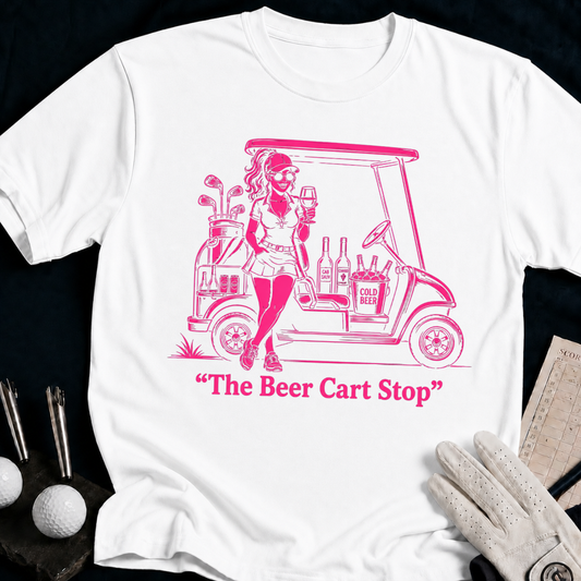 The Beer Cart Stop – funny women's golf t-shirt in White | Bad Lies Club