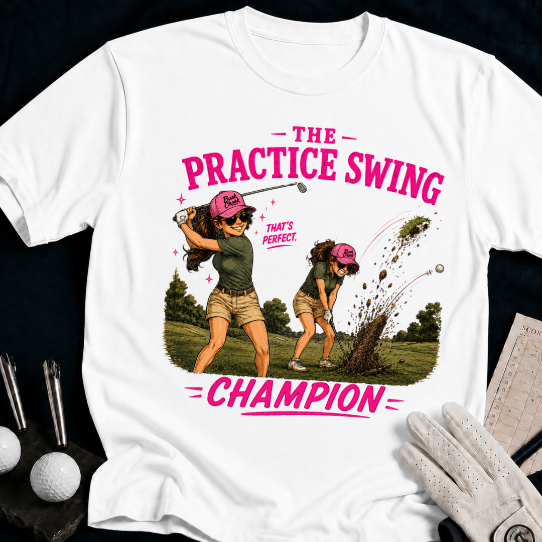 The Practice Swing Champion – funny women's golf t-shirt in White | Bad Lies Club