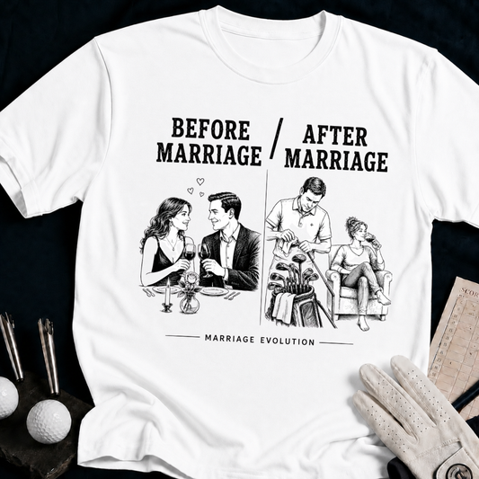 Before Marriage / After Marriage – funny golf t-shirt in White | Bad Lies Club