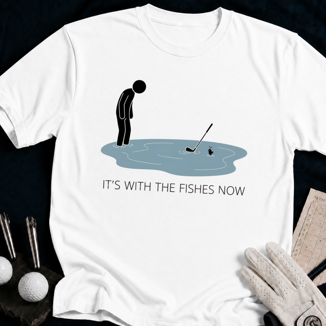 I’m With The Fishies Now – funny golf t-shirt in White | Bad Lies Club