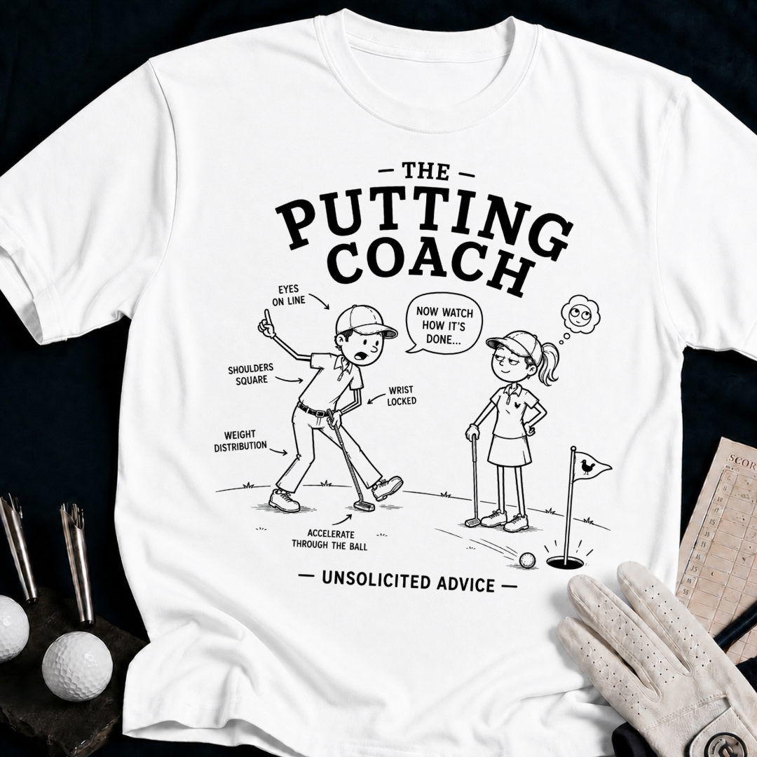 The Putting Coach – funny golf t-shirt in White | Bad Lies Club