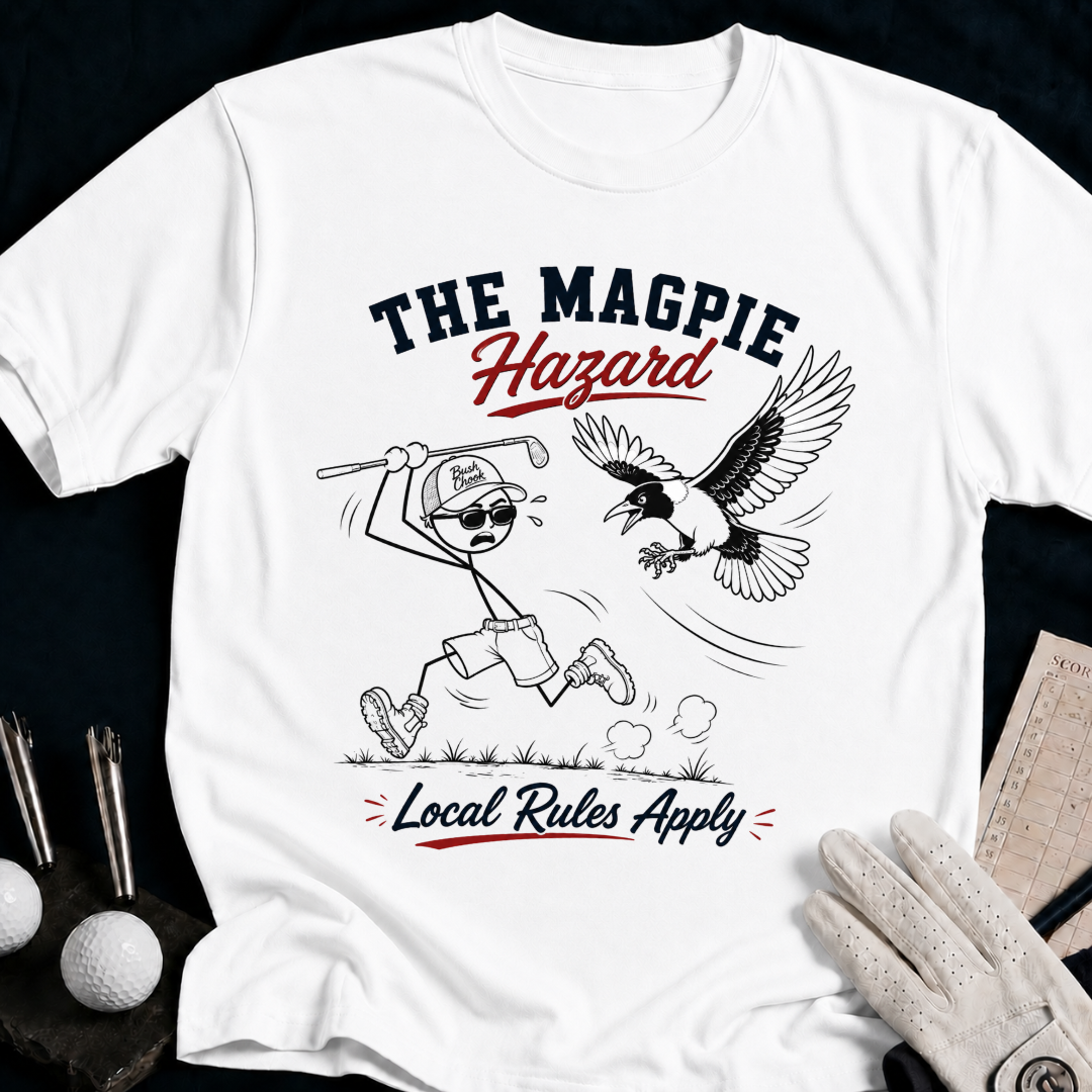 The Magpie Hazard – funny golf t-shirt in White | Bad Lies Club