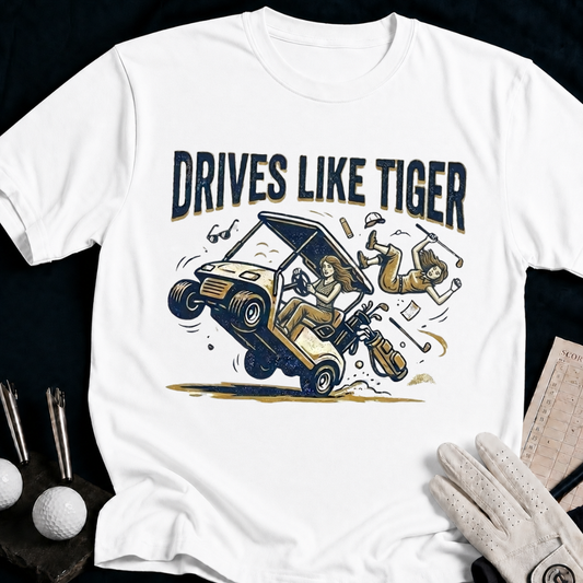 Drives Like A Tiger – funny women's golf t-shirt in White | Bad Lies Club