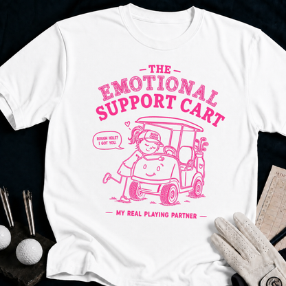 The Emotional Support Cart – funny women's golf t-shirt in White | Bad Lies Club