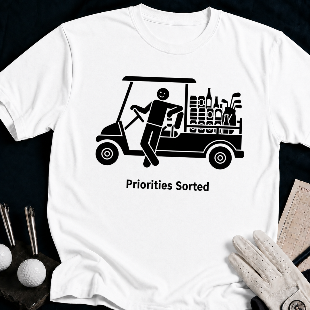 Priorities Sorted – funny golf t-shirt in White | Bad Lies Club